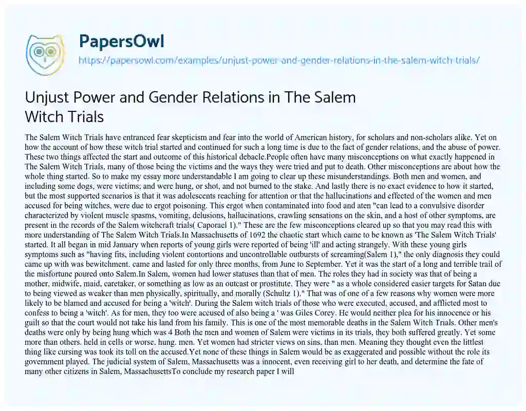 Essay on Unjust Power and Gender Relations in the Salem Witch Trials