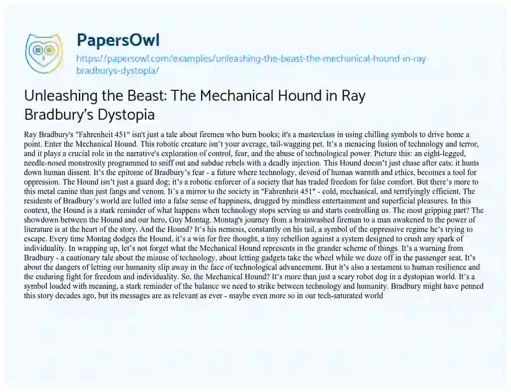Essay on Unleashing the Beast: the Mechanical Hound in Ray Bradbury’s Dystopia