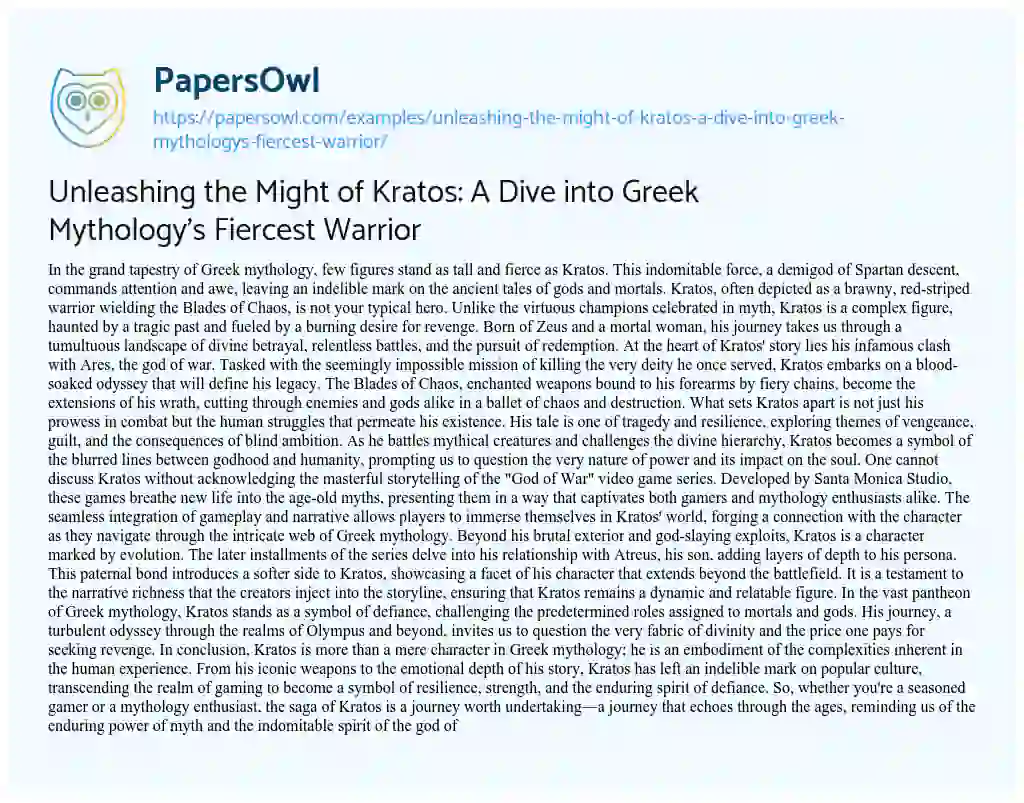 Essay on Unleashing the Might of Kratos: a Dive into Greek Mythology’s Fiercest Warrior
