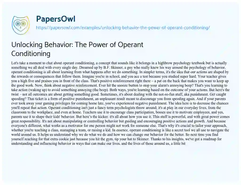 Essay on Unlocking Behavior: the Power of Operant Conditioning