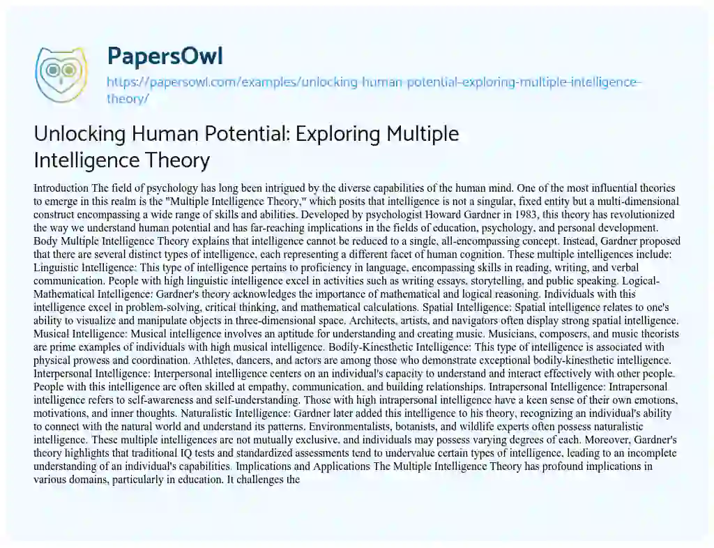 Essay on Unlocking Human Potential: Exploring Multiple Intelligence Theory
