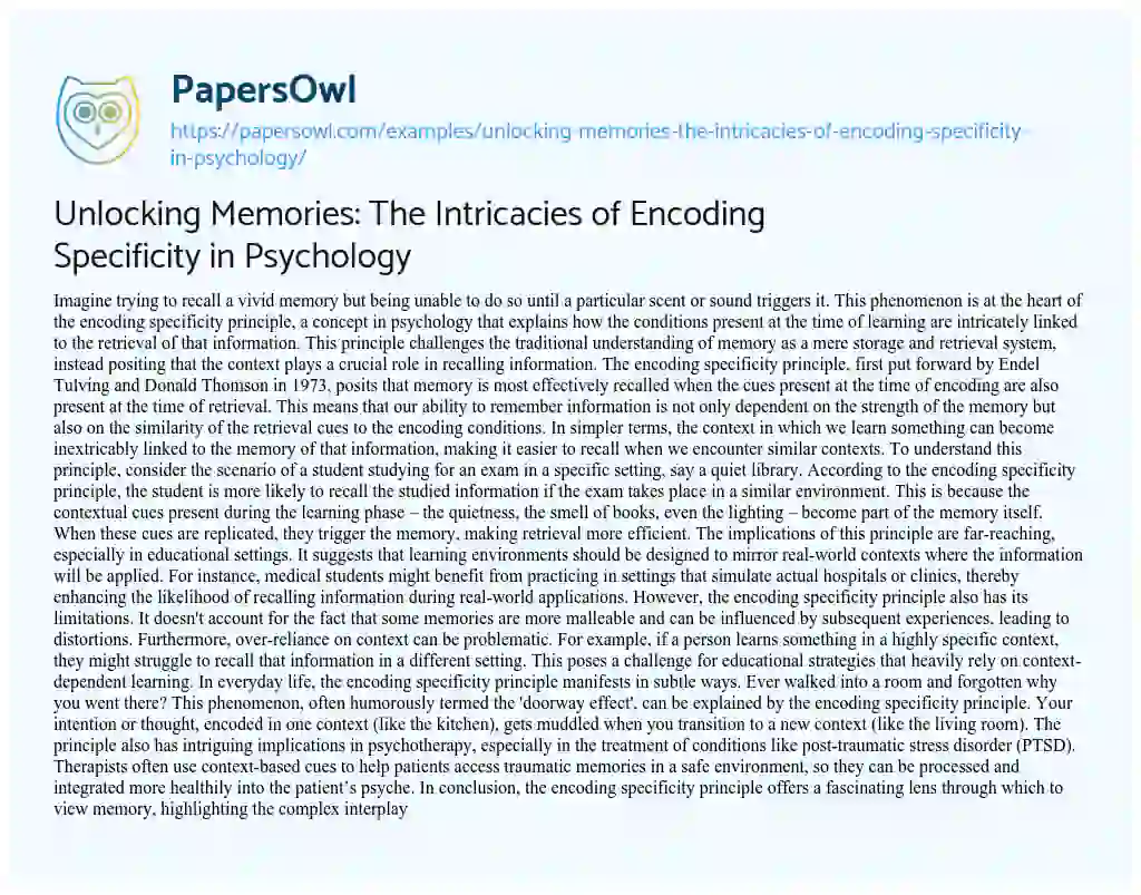Essay on Unlocking Memories: the Intricacies of Encoding Specificity in Psychology
