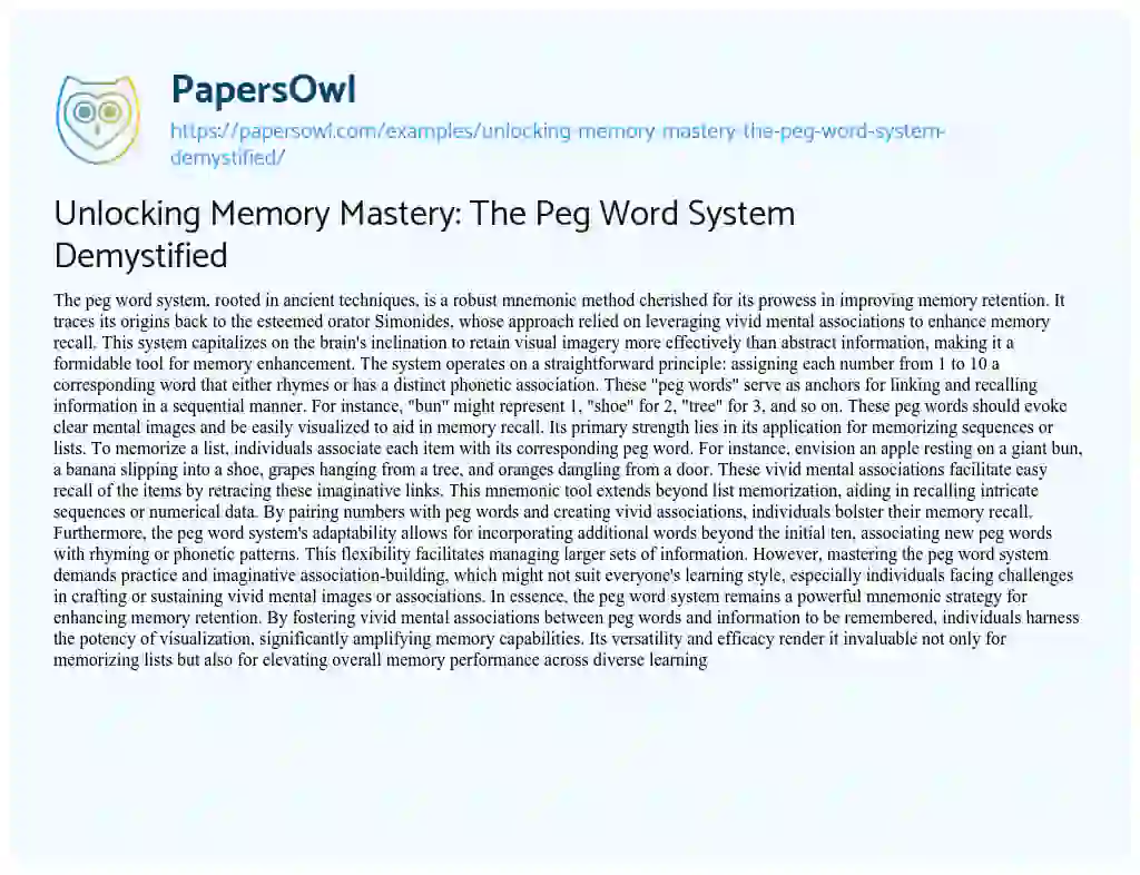 Essay on Unlocking Memory Mastery: the Peg Word System Demystified