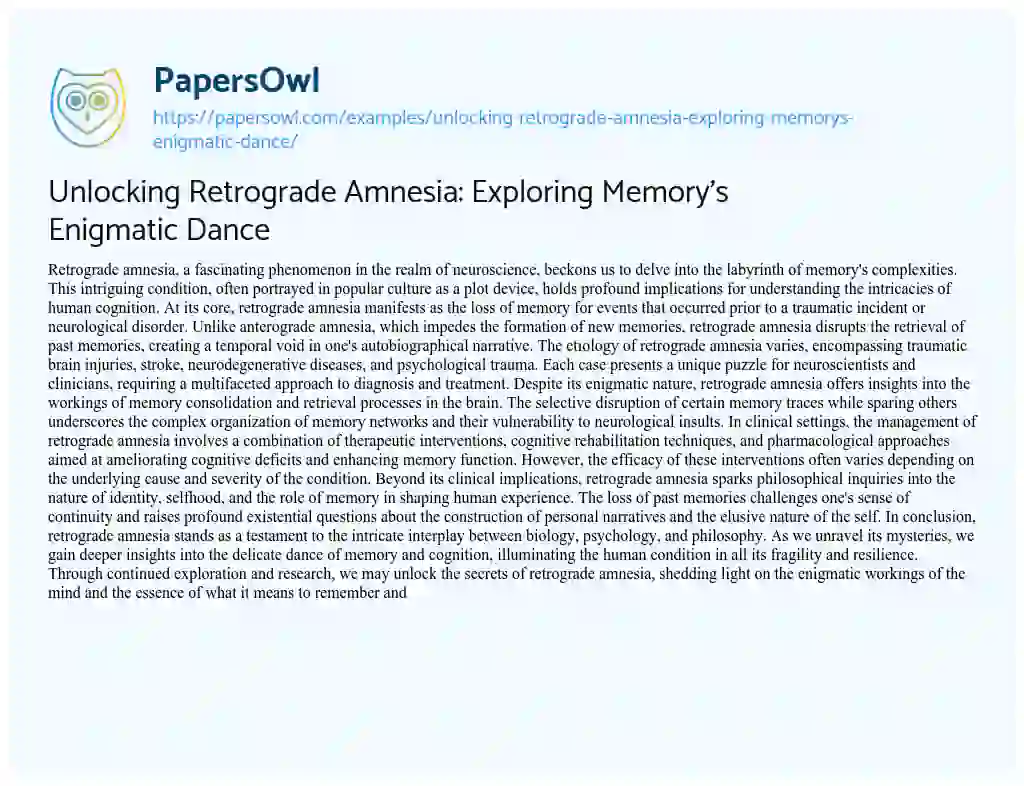 Essay on Unlocking Retrograde Amnesia: Exploring Memory’s Enigmatic Dance
