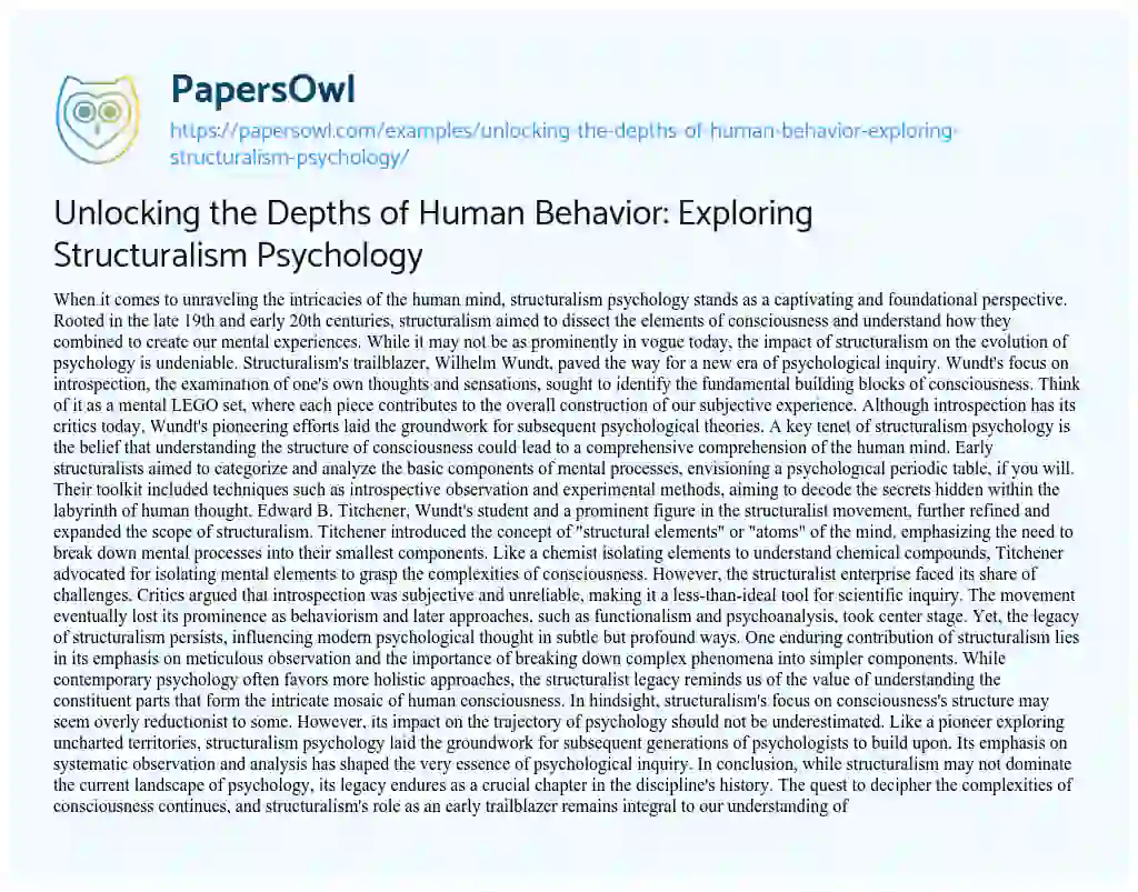 Essay on Unlocking the Depths of Human Behavior: Exploring Structuralism Psychology