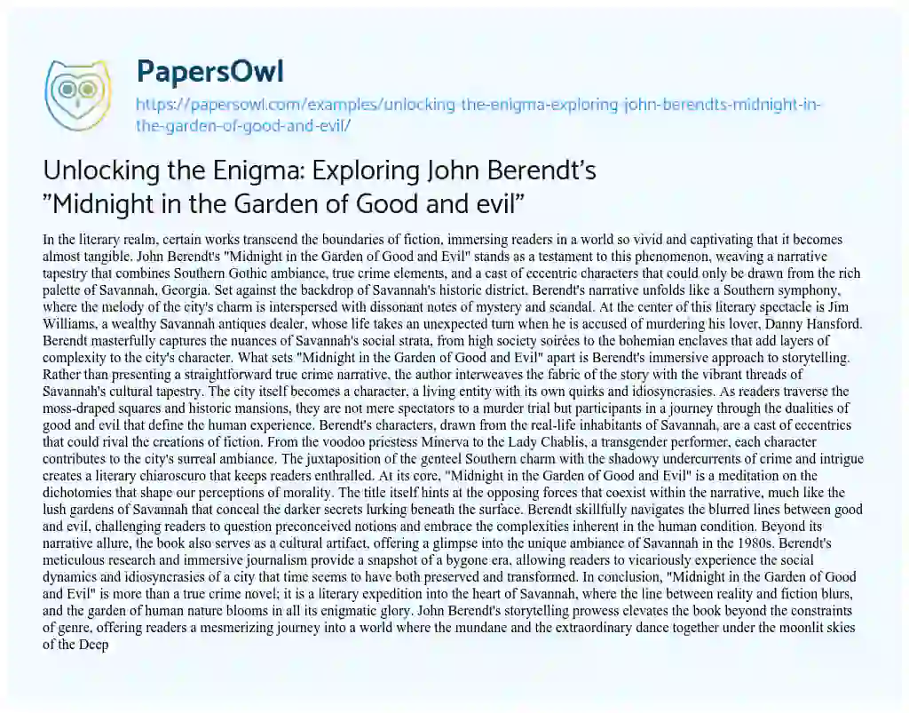 Essay on Unlocking the Enigma: Exploring John Berendt’s “Midnight in the Garden of Good and Evil”