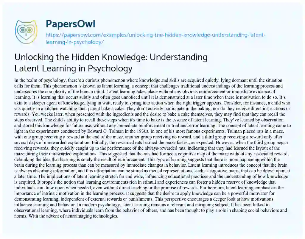 Essay on Unlocking the Hidden Knowledge: Understanding Latent Learning in Psychology