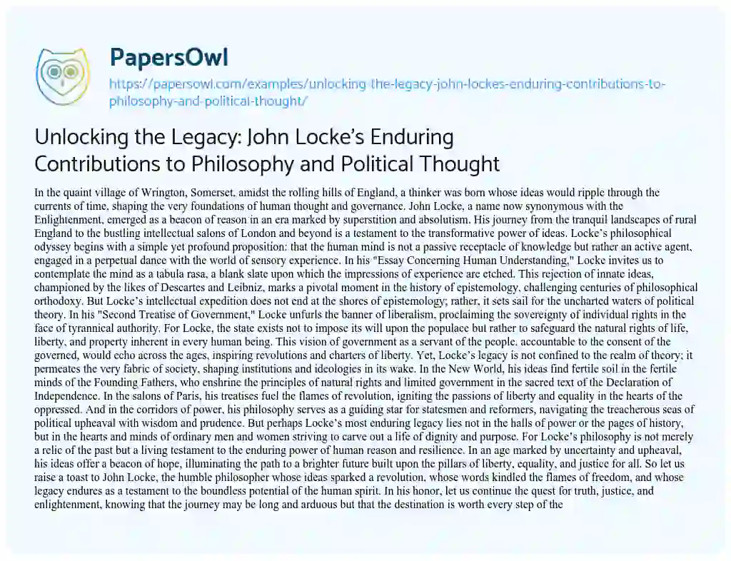 Essay on Unlocking the Legacy: John Locke’s Enduring Contributions to Philosophy and Political Thought