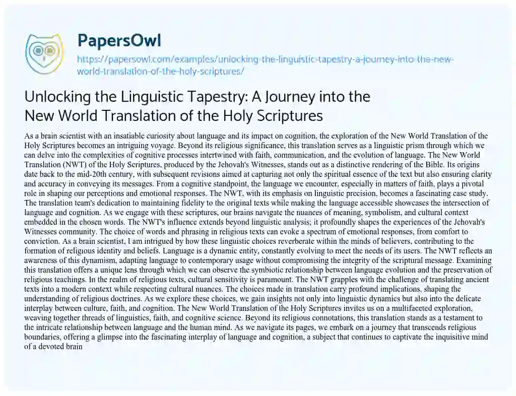 Essay on Unlocking the Linguistic Tapestry: a Journey into the New World Translation of the Holy Scriptures