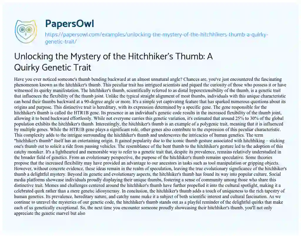 Essay on Unlocking the Mystery of the Hitchhiker’s Thumb: a Quirky Genetic Trait
