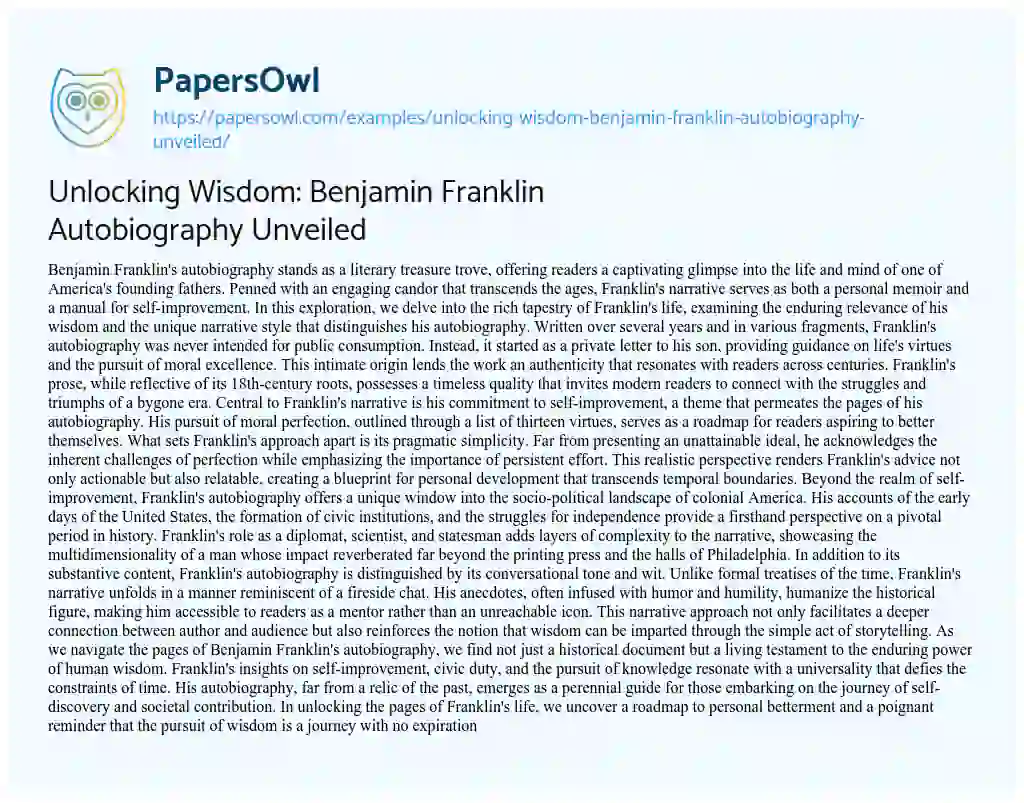 Essay on Unlocking Wisdom: Benjamin Franklin Autobiography Unveiled