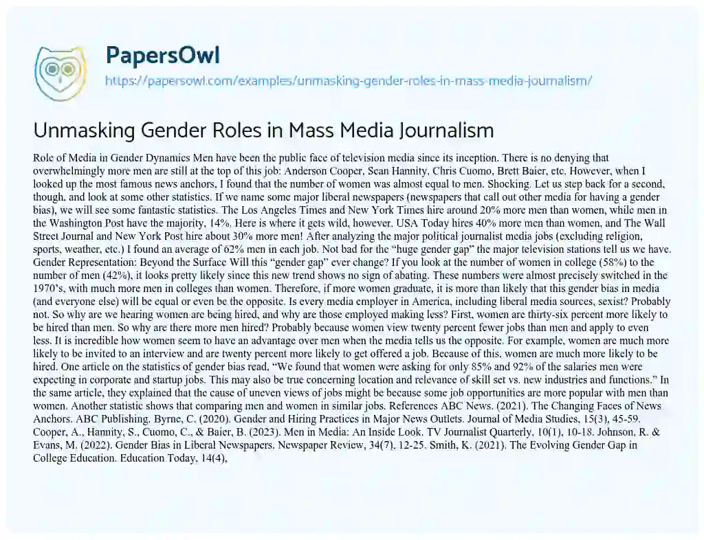 Essay on Unmasking Gender Roles in Mass Media Journalism