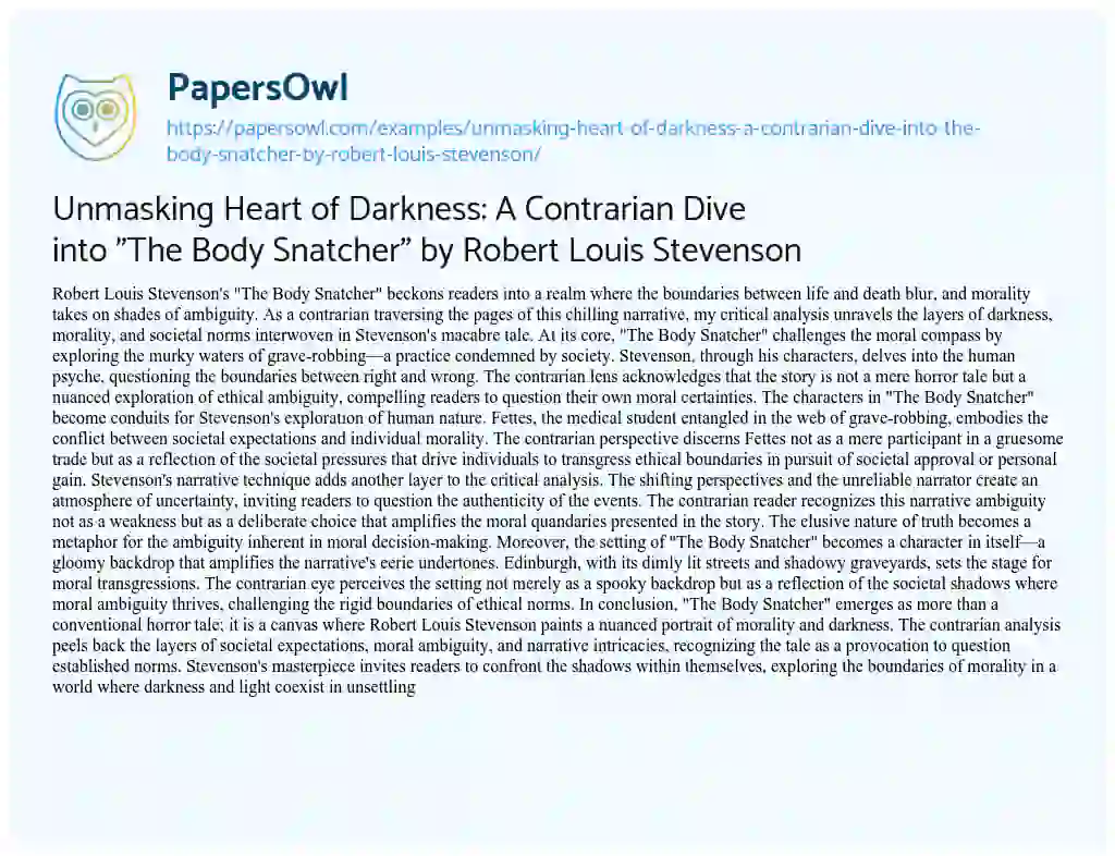 Essay on Unmasking Heart of Darkness: a Contrarian Dive into “The Body Snatcher” by Robert Louis Stevenson