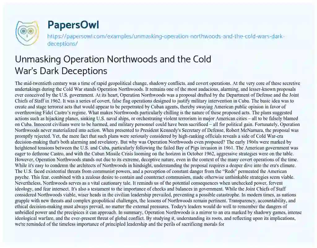 Essay on Unmasking Operation Northwoods and the Cold War’s Dark Deceptions
