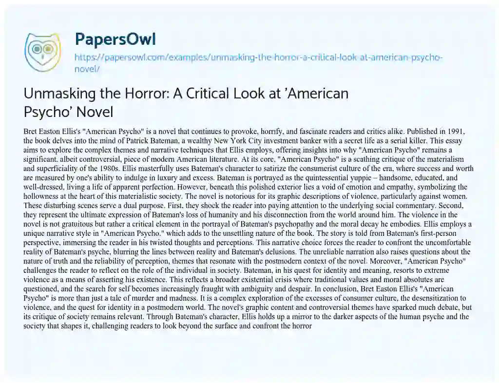 Essay on Unmasking the Horror: a Critical Look at ‘American Psycho’ Novel