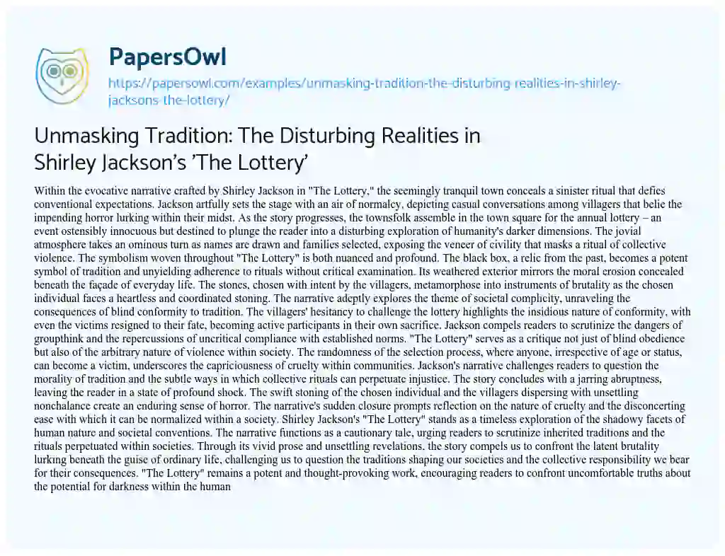 Essay on Unmasking Tradition: the Disturbing Realities in Shirley Jackson’s ‘The Lottery’