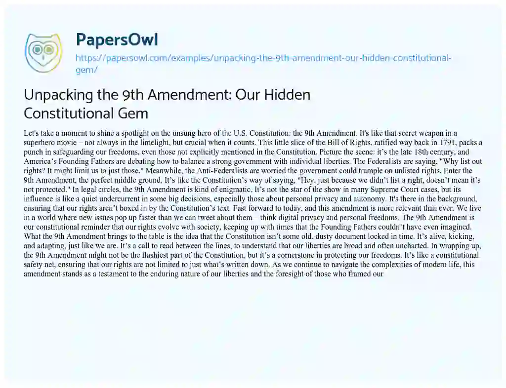 Essay on Unpacking the 9th Amendment: our Hidden Constitutional Gem