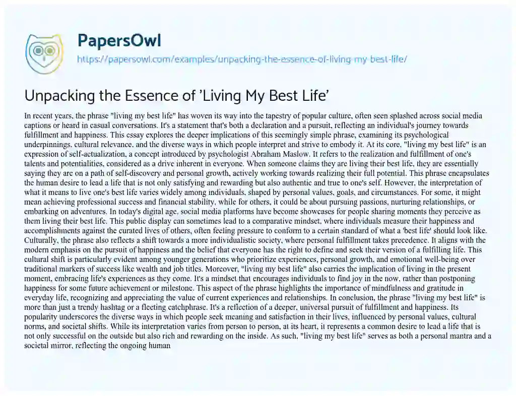 Essay on Unpacking the Essence of ‘Living my Best Life’