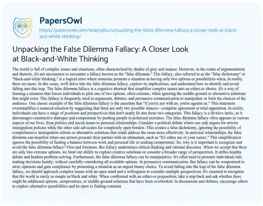 Essay on Unpacking the False Dilemma Fallacy: a Closer Look at Black-and-White Thinking