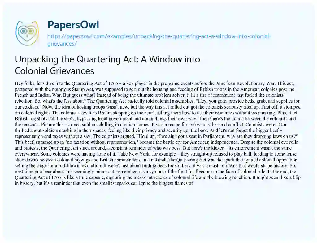 Essay on Unpacking the Quartering Act: a Window into Colonial Grievances
