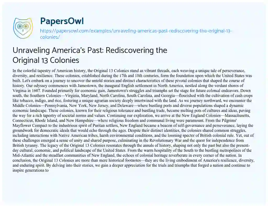 Essay on Unraveling America’s Past: Rediscovering the Original 13 Colonies