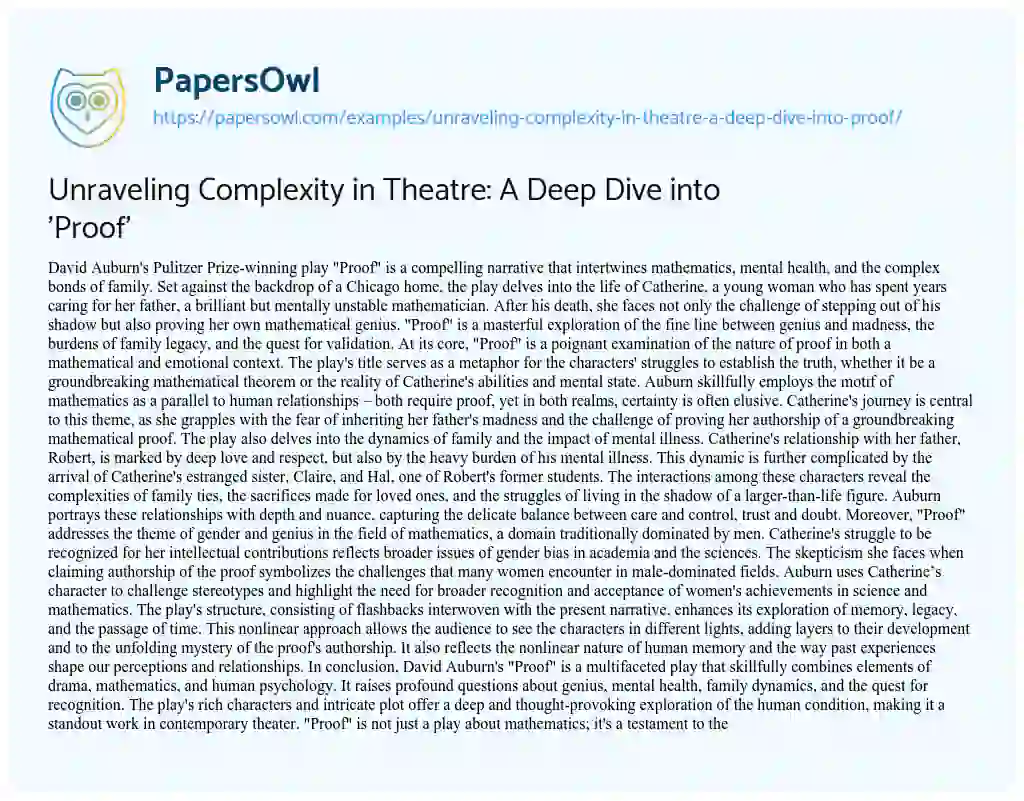 Essay on Unraveling Complexity in Theatre: a Deep Dive into ‘Proof’