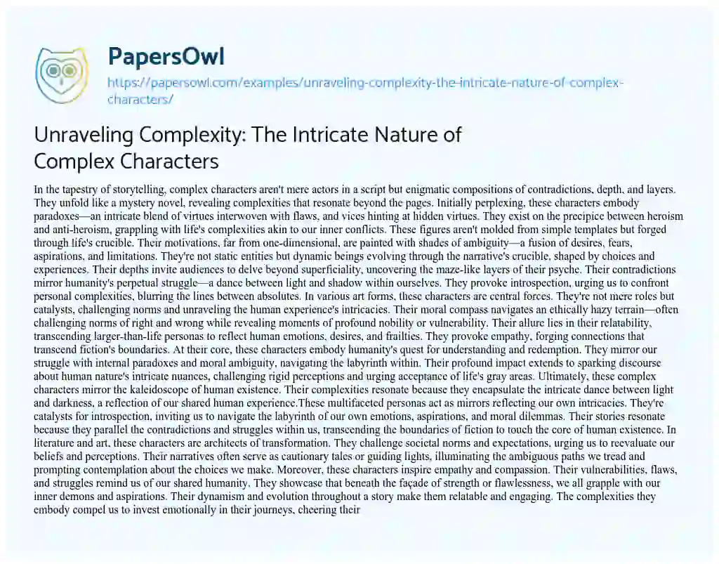 Essay on Unraveling Complexity: the Intricate Nature of Complex Characters