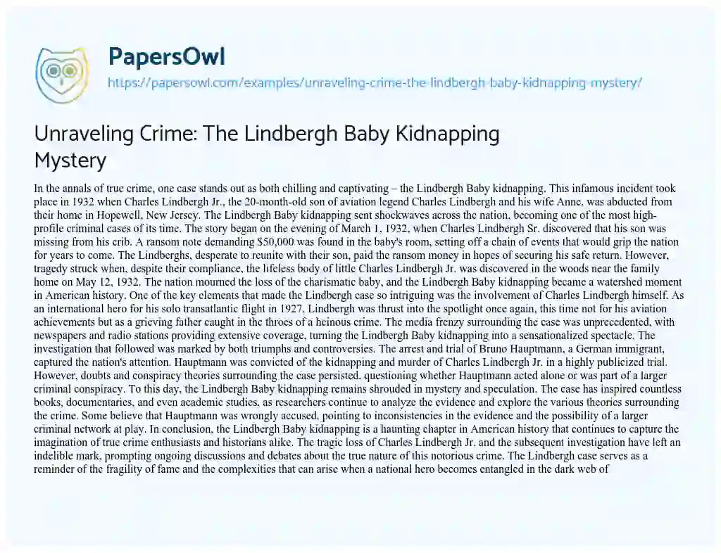 Essay on Unraveling Crime: the Lindbergh Baby Kidnapping Mystery
