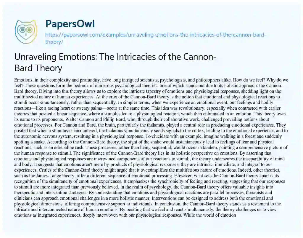 Essay on Unraveling Emotions: the Intricacies of the Cannon-Bard Theory