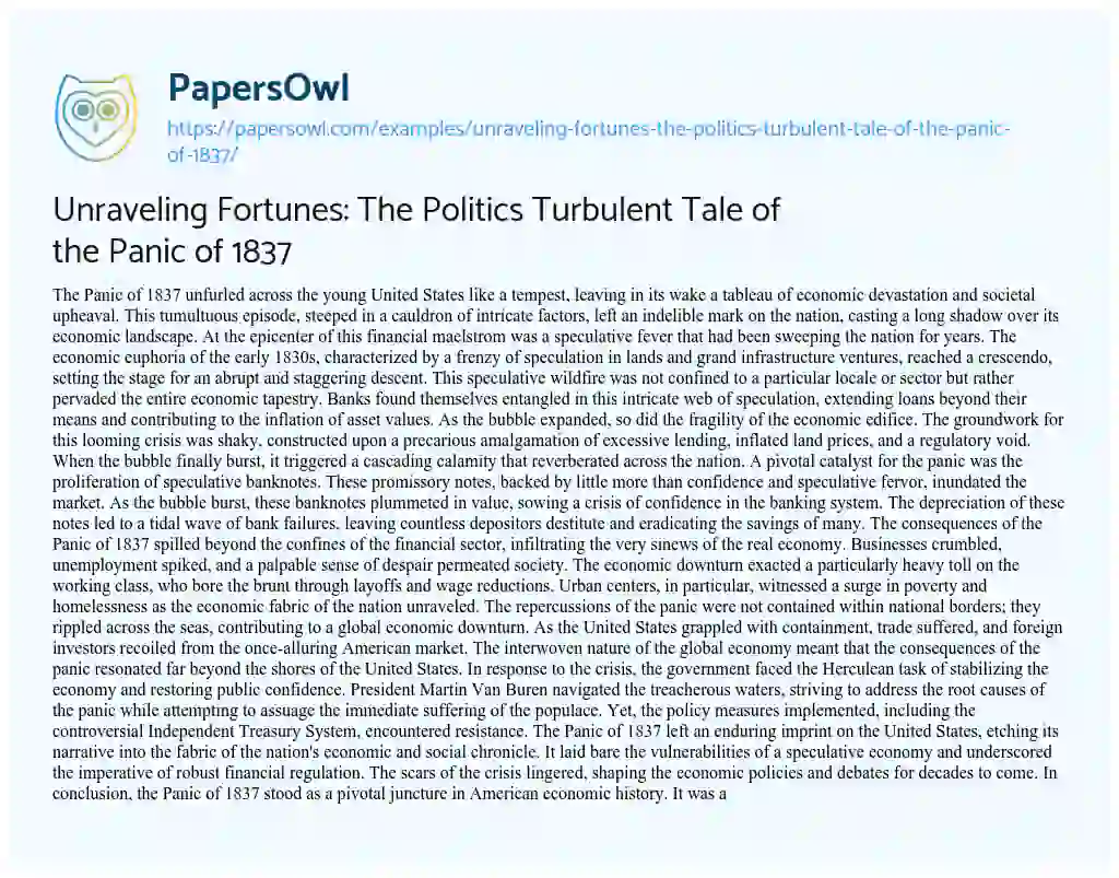 Essay on Unraveling Fortunes: the Politics Turbulent Tale of the Panic of 1837