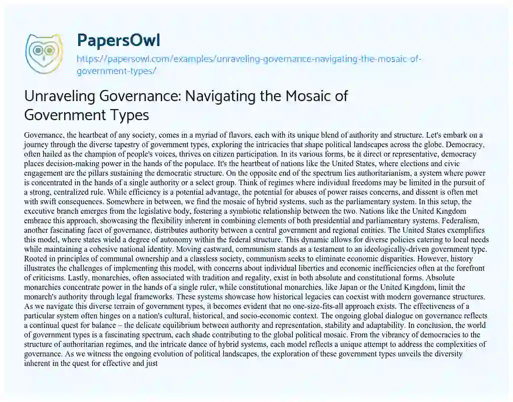 Essay on Unraveling Governance: Navigating the Mosaic of Government Types