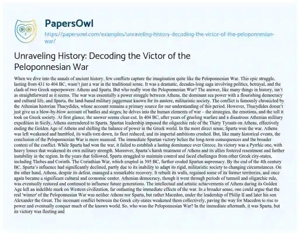 Essay on Unraveling History: Decoding the Victor of the Peloponnesian War