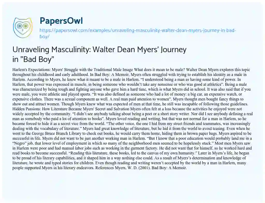 Essay on Unraveling Masculinity: Walter Dean Myers’ Journey in “Bad Boy”