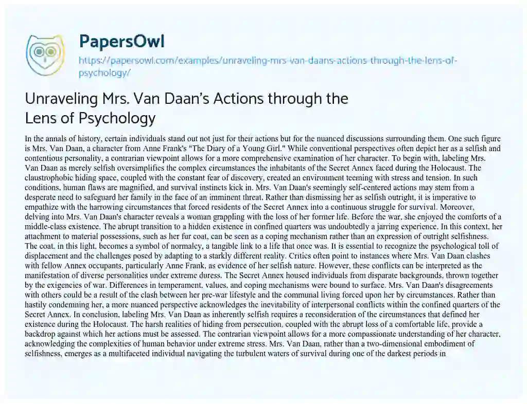 Essay on Unraveling Mrs. Van Daan’s Actions through the Lens of Psychology