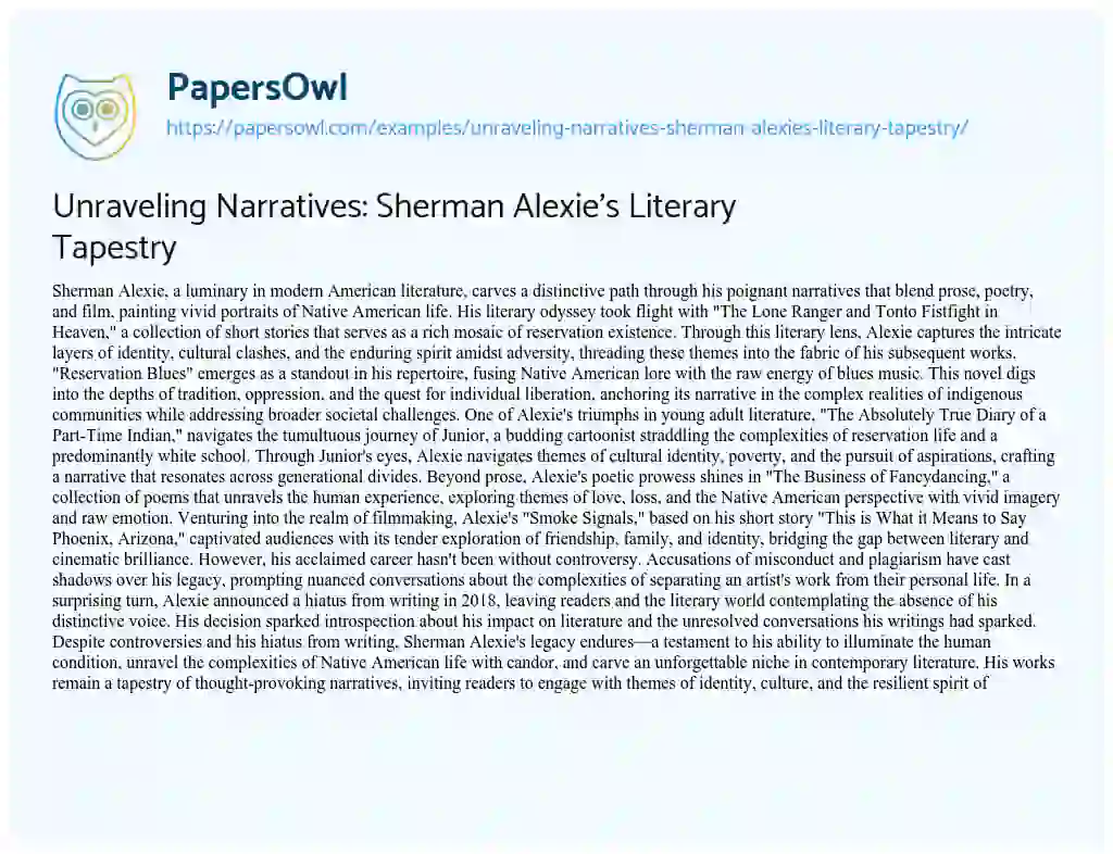 Essay on Unraveling Narratives: Sherman Alexie’s Literary Tapestry