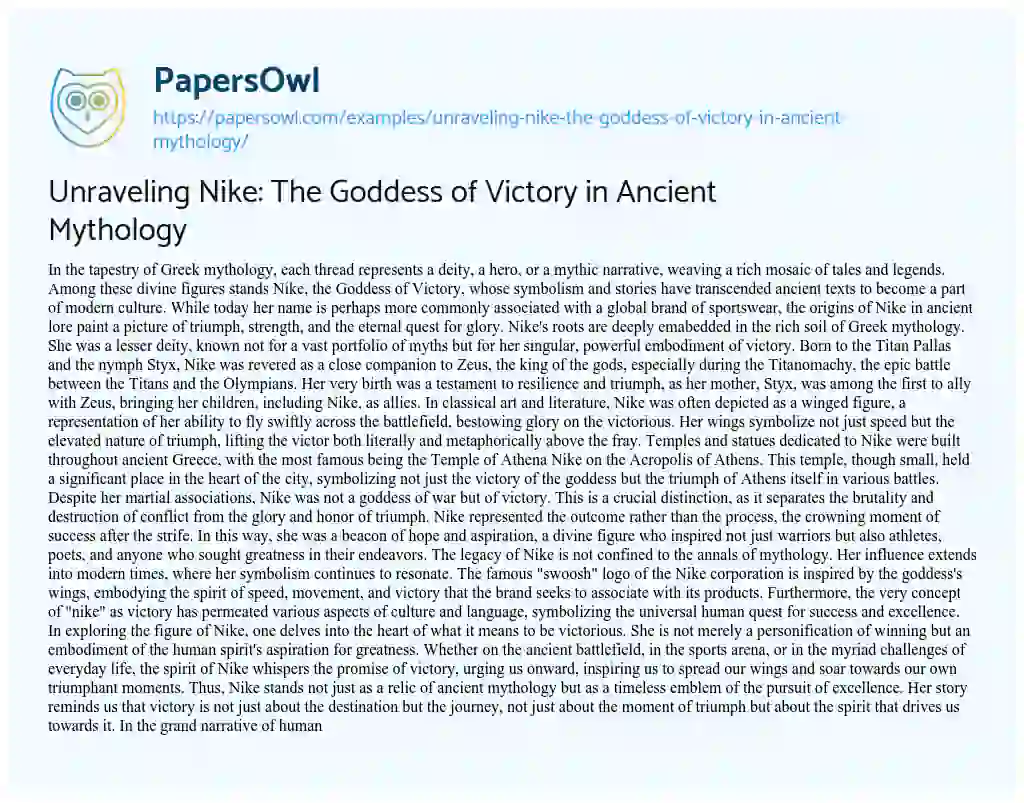 Essay on Unraveling Nike: the Goddess of Victory in Ancient Mythology