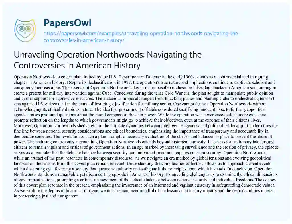 Essay on Unraveling Operation Northwoods: Navigating the Controversies in American History