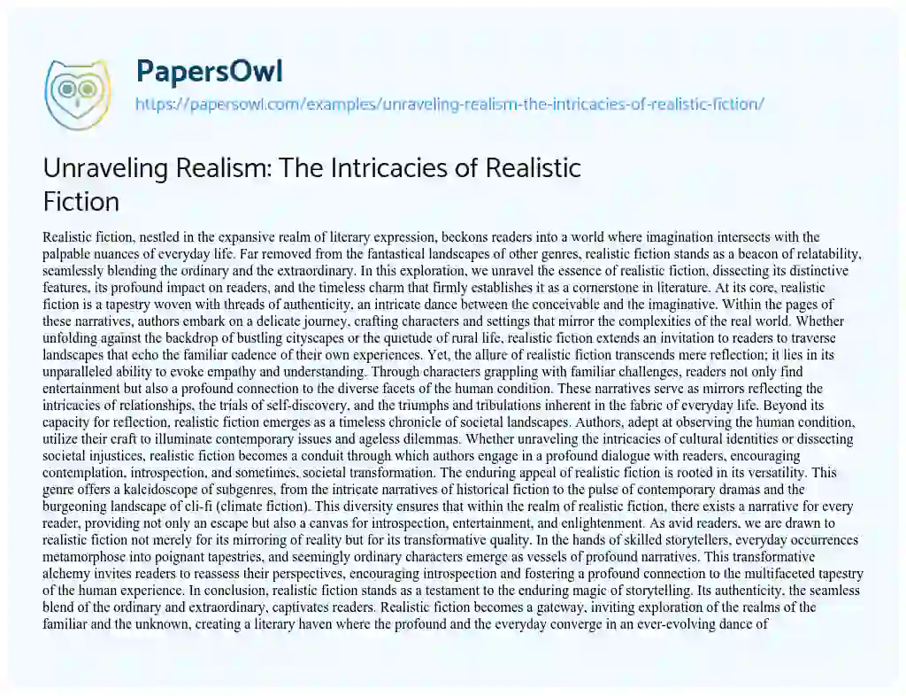 Essay on Unraveling Realism: the Intricacies of Realistic Fiction