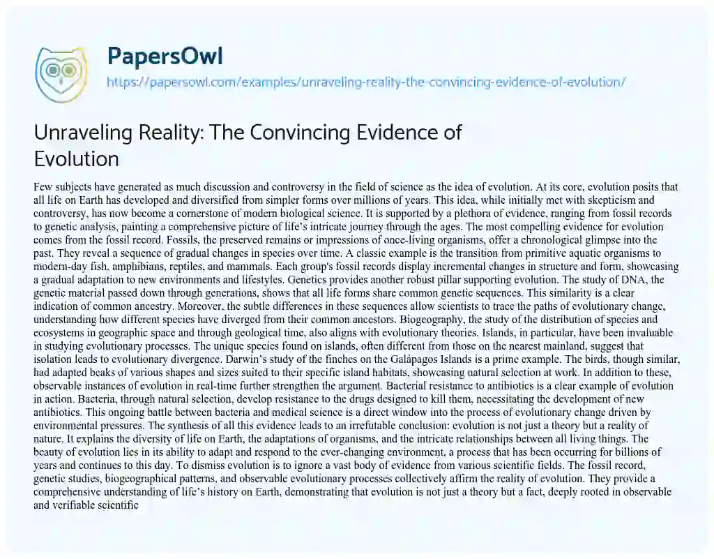 Essay on Unraveling Reality: the Convincing Evidence of Evolution