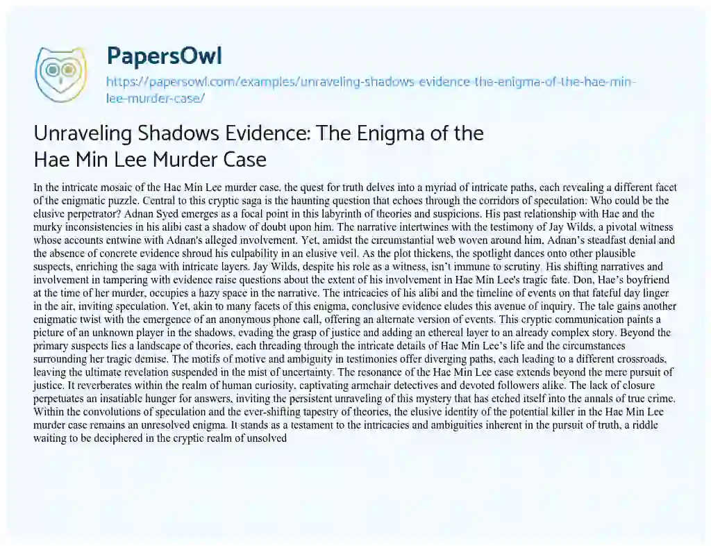 Essay on Unraveling Shadows Evidence: the Enigma of the Hae Min Lee Murder Case