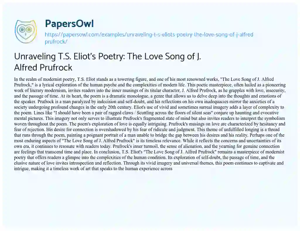 Essay on Unraveling T.S. Eliot’s Poetry: the Love Song of J. Alfred Prufrock