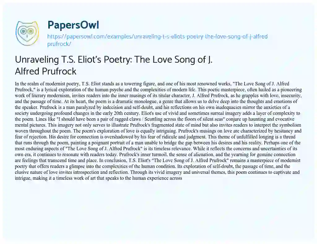 Essay on Unraveling T.S. Eliot’s Poetry: The Love Song of J. Alfred Prufrock