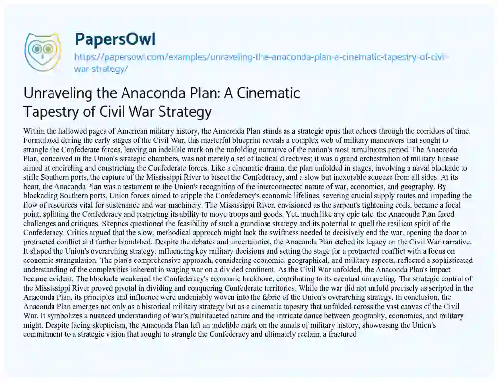Essay on Unraveling the Anaconda Plan: a Cinematic Tapestry of Civil War Strategy