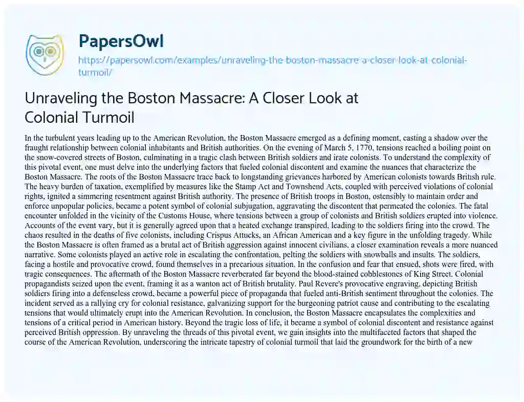 Essay on Unraveling the Boston Massacre: a Closer Look at Colonial Turmoil