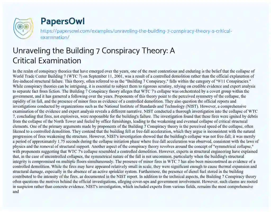 Essay on Unraveling the Building 7 Conspiracy Theory: a Critical Examination