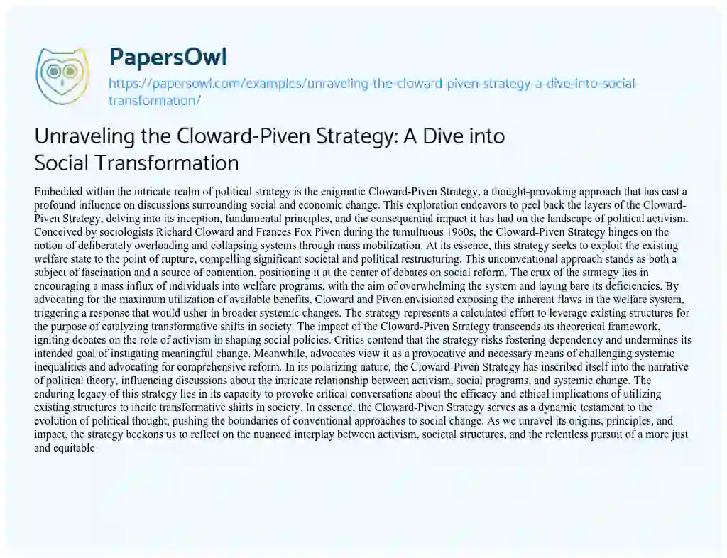 Essay on Unraveling the Cloward-Piven Strategy: a Dive into Social Transformation