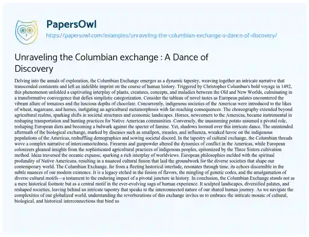 Essay on Unraveling the Columbian Exchange : a Dance of Discovery
