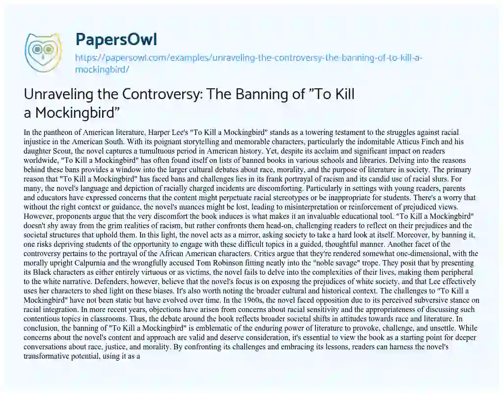 Essay on Unraveling the Controversy: the Banning of “To Kill a Mockingbird”
