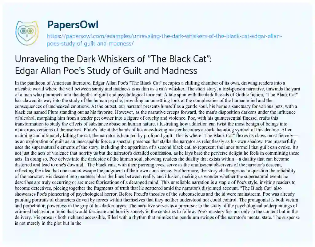 Essay on Unraveling the Dark Whiskers of “The Black Cat”: Edgar Allan Poe’s Study of Guilt and Madness