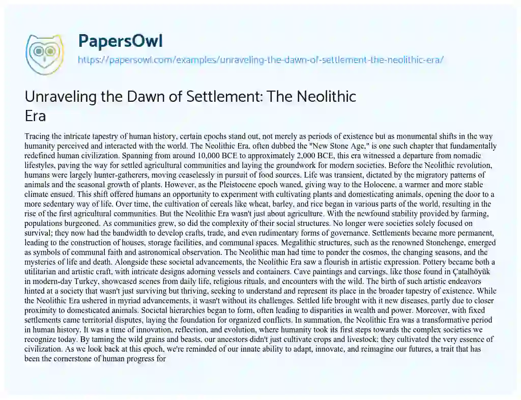 Essay on Unraveling the Dawn of Settlement: the Neolithic Era